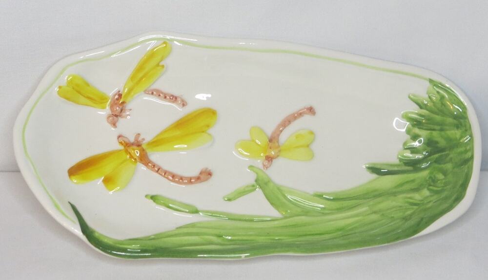 Vintage Carraro Italy Celery Trinket Serving Dish Dragonfly Yellow Green Kitchen
